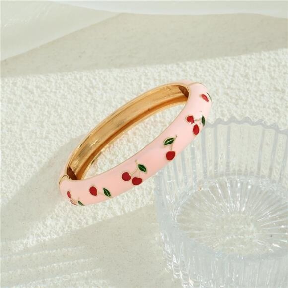 Colorful Enamel Bangle for Women Cute Cherry Bangle Bracelet Spring Hinged Open - Picture 5 of 8